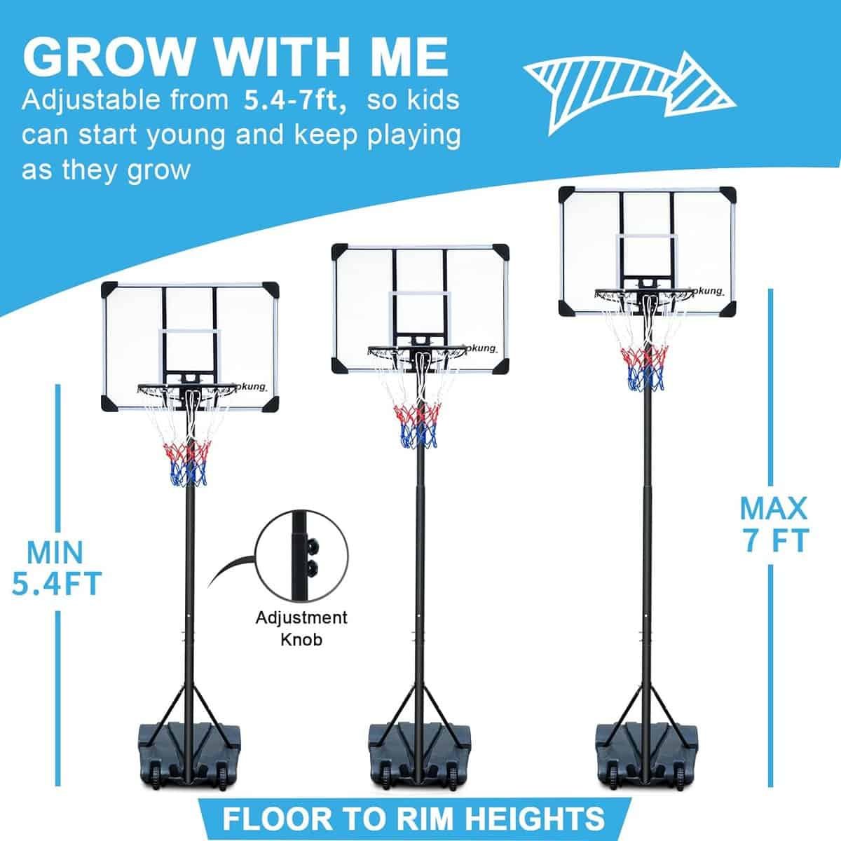 aokung Portable Basketball Hoop Stand w/Wheels for Kids Youth Adjustable Height 5.4ft - 7ft Use for Indoor Outdoor Basketball Goals Play Set