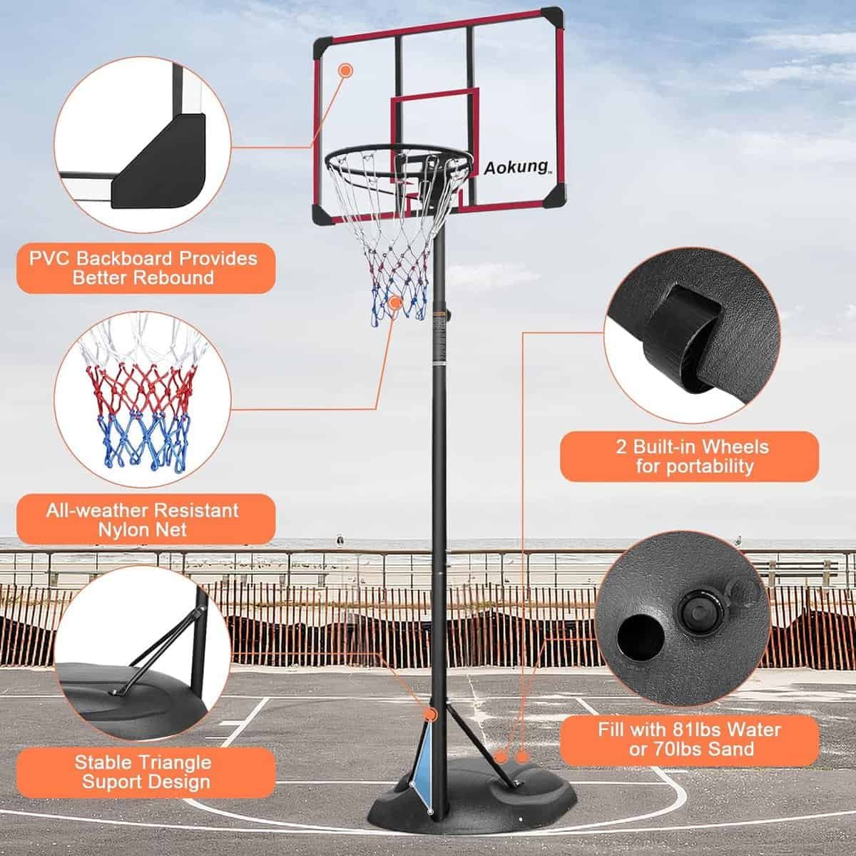 aokung Teenagers Youth Height Adjustable 5.4 to 7ft Basketball Hoop 28 Inch Backboard Portable Basketball Goal System with Stable Base and Wheels, use for Indoor Outdoor