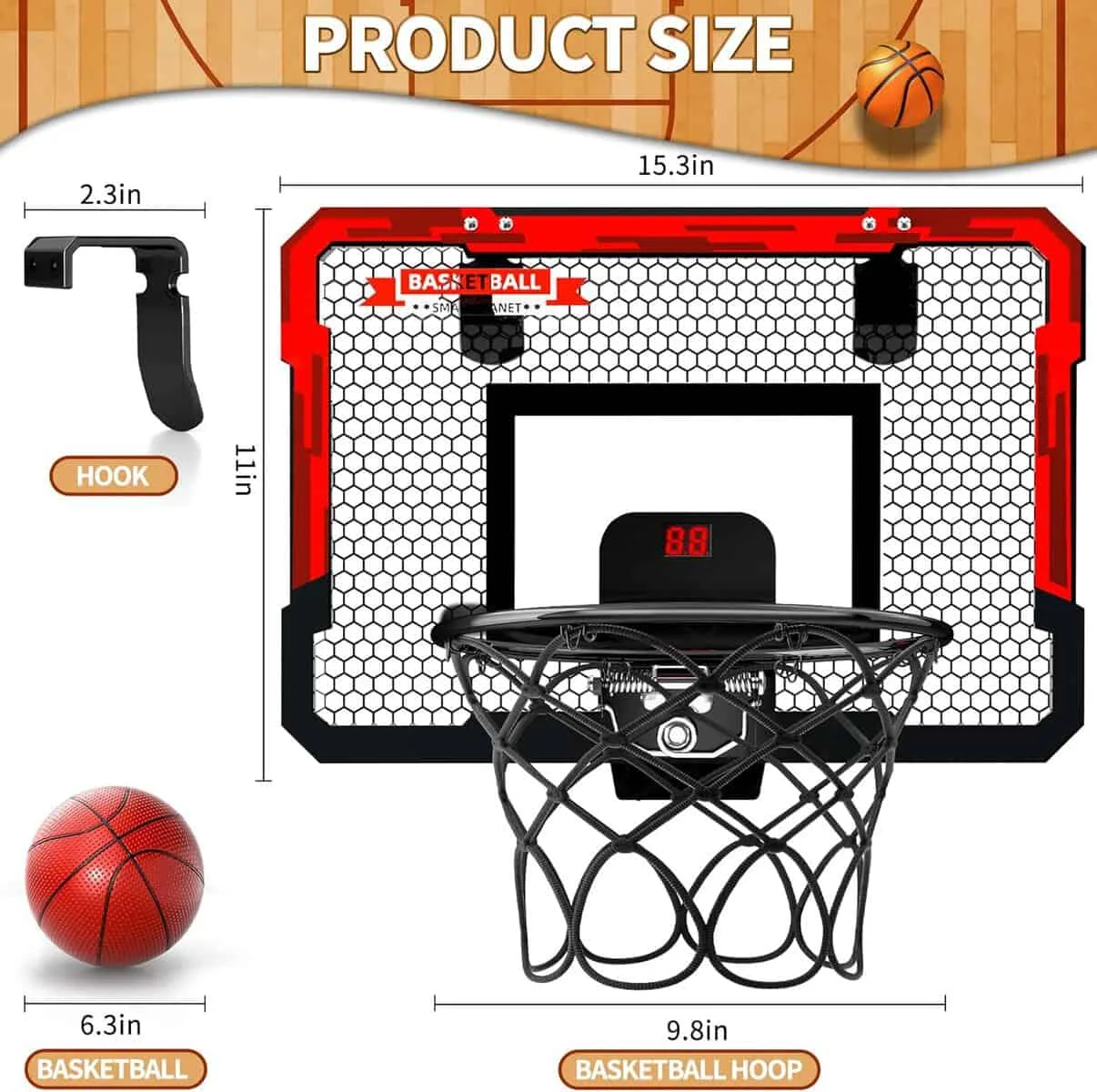 Basketball Hoop Indoor for Kids 16.5 X 12.5 - Mini Basketball Hoop for Door with 2 Balls  Complete Basketball Accessories，Basketball Toy for Kids Boys Teens，Perfect for A Basketball Lover as Gift…