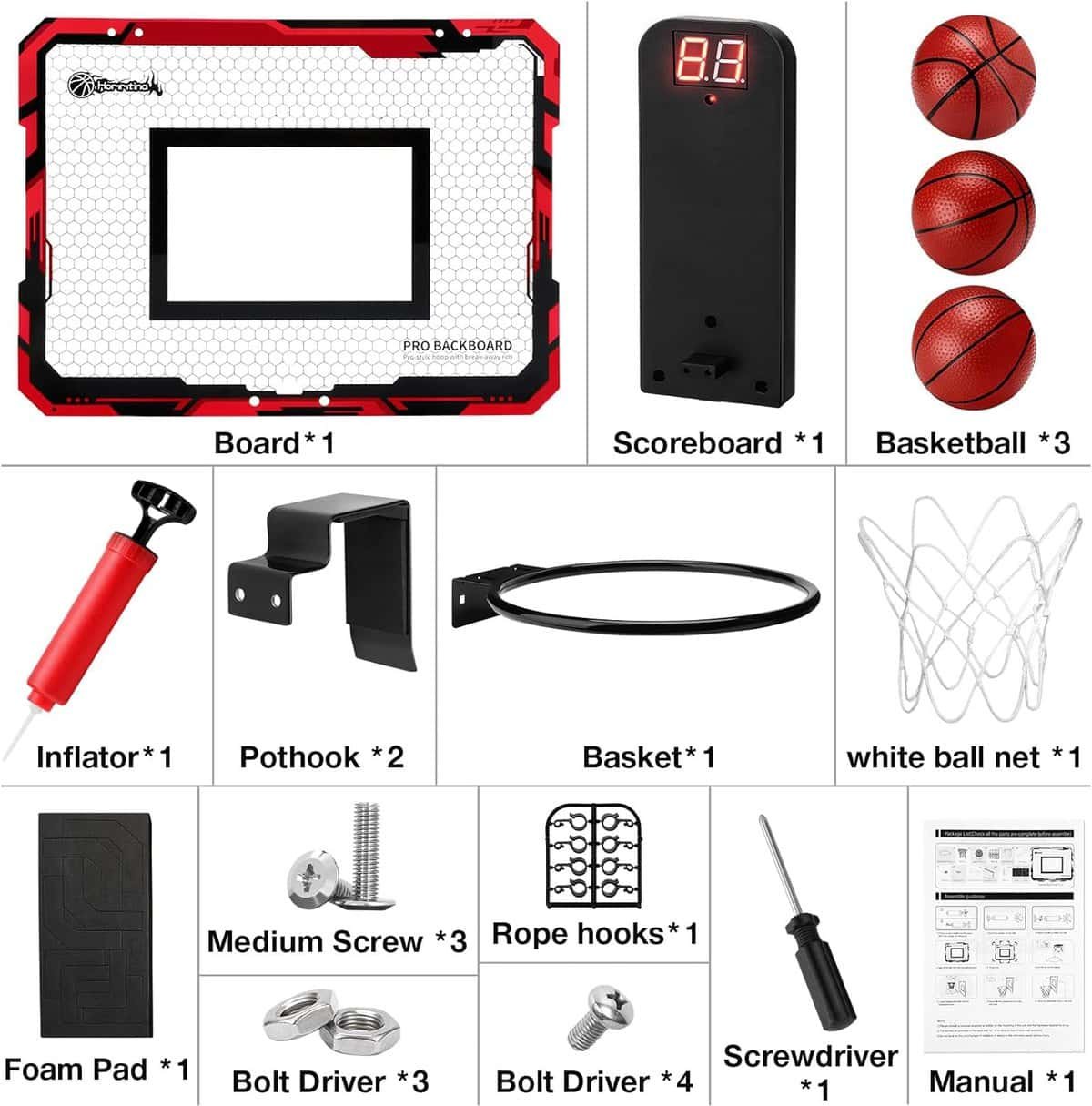 Hommtina Basketball Hoop Indoor with Electronic Scoreboard Mini Basketball Hoop with 3 Balls, Indoor Basketball for Door  Wall Office Bedroom Score Basketball Hoop for Kids and Adults