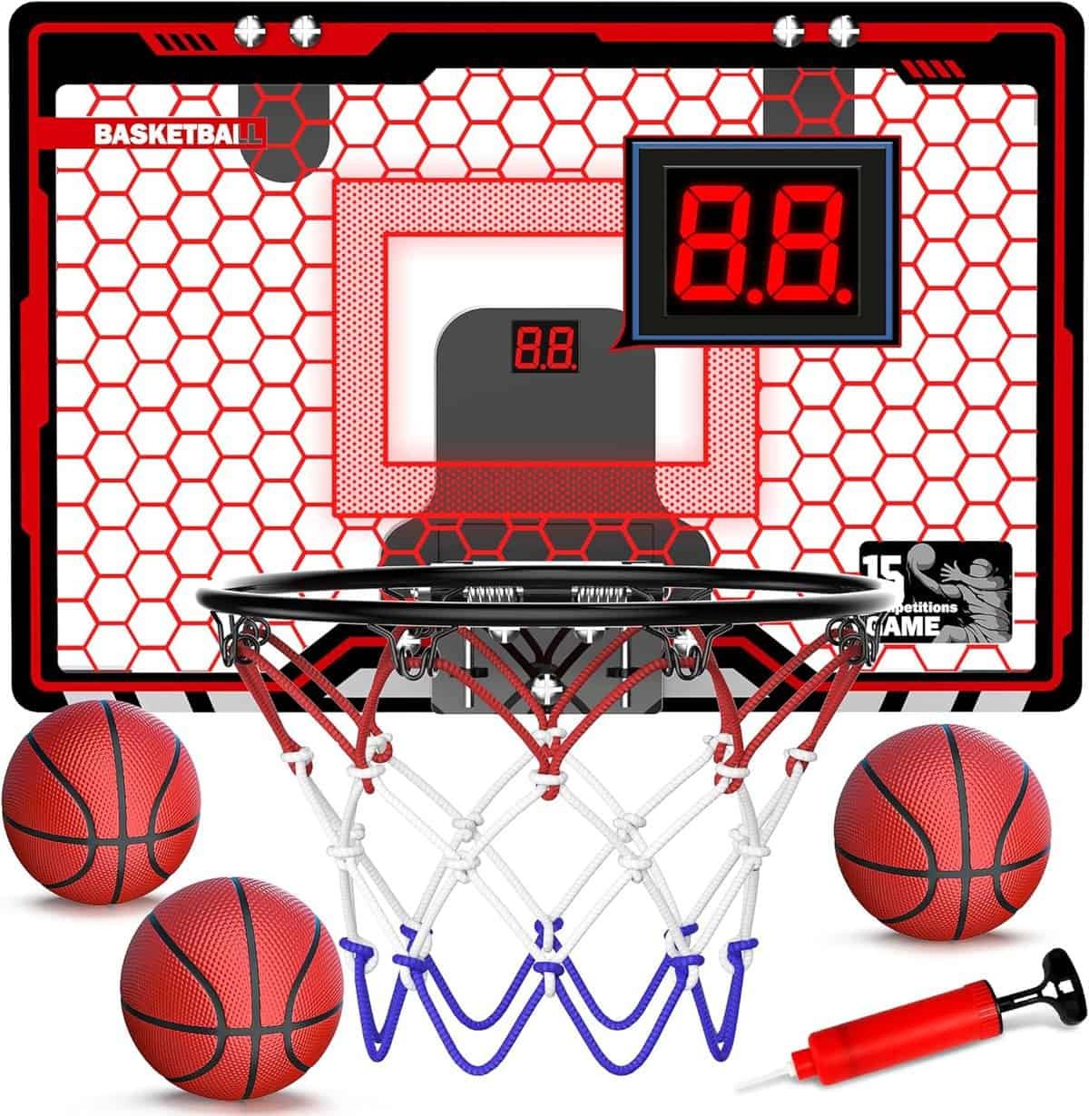 HopeRock Indoor Basketball Hoop for Kids, Indoor Over The Door Mini Basketball Hoops, LED Light Mini Hoop with Electronic Scoreboard, Basketball Game Toys Gifts for 5 6 7 8 9 10 11 12+ Year Old Boys