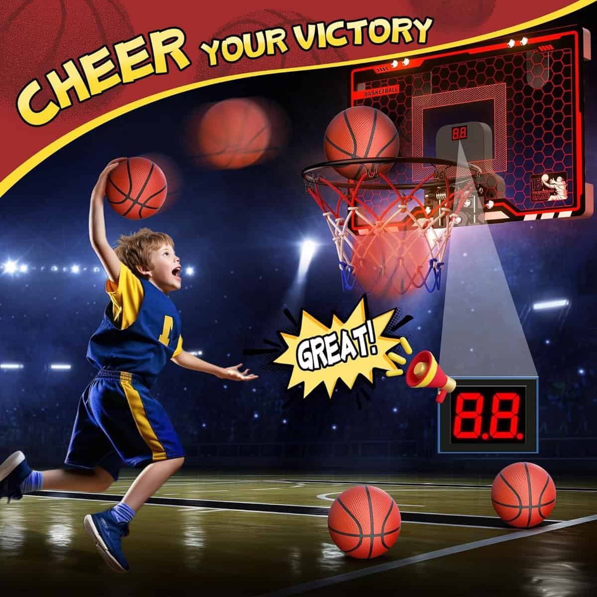 HopeRock Indoor Basketball Hoop for Kids, Indoor Over The Door Mini Basketball Hoops, LED Light Mini Hoop with Electronic Scoreboard, Basketball Game Toys Gifts for 5 6 7 8 9 10 11 12+ Year Old Boys