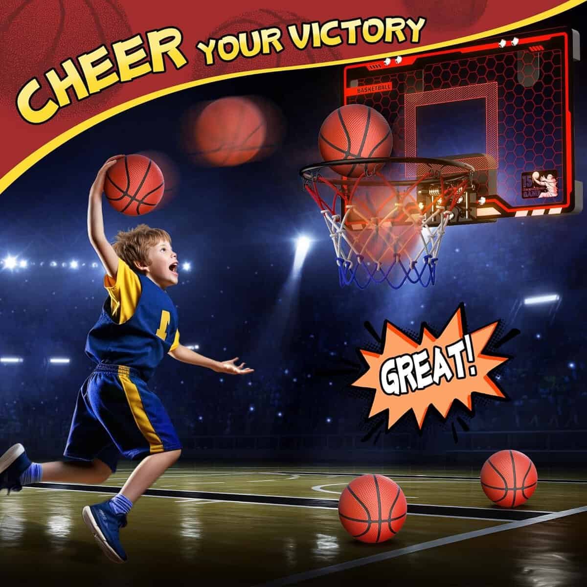 HopeRock Indoor Basketball Hoop for Kids, Indoor Over The Door Mini Basketball Hoops, LED Light Mini Hoop with Electronic Scoreboard, Basketball Game Toys Gifts for 5 6 7 8 9 10 11 12+ Year Old Boys