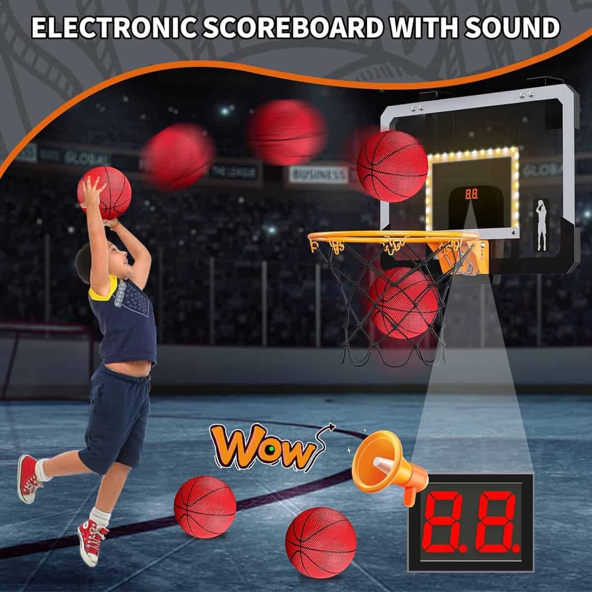 HYES Mini Basketball Hoop Indoor with Scoreboard/LED Light, Glow in The Dark Door Basketball Hoop, Basketball Toy Gifts for Kids Boys Girls Teens Adults, Suit for Bedroom/Office/Outdoor/Pool, Black HYES Mini Basketball Hoop Indoor with Scoreboard/LED Light, Glow in The Dark Door Basketball Hoop, Basketball Toy Gifts for Kids Boys Girls Teens Adults, Suit for Bedroom/Office/Outdoor/Pool, Black