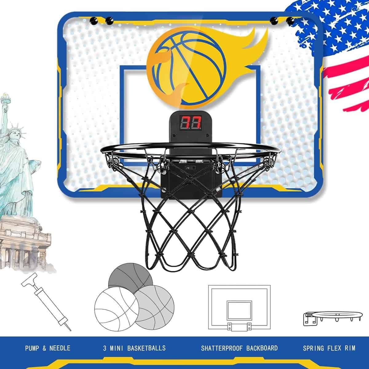 Indoor Mini Basketball Hoop, Basketball Hoop for Room and Office Door, Basketball Hoop for Kids Age 8-12 with 3 Mini Basketballs, Scoreboard and Complete Accessories