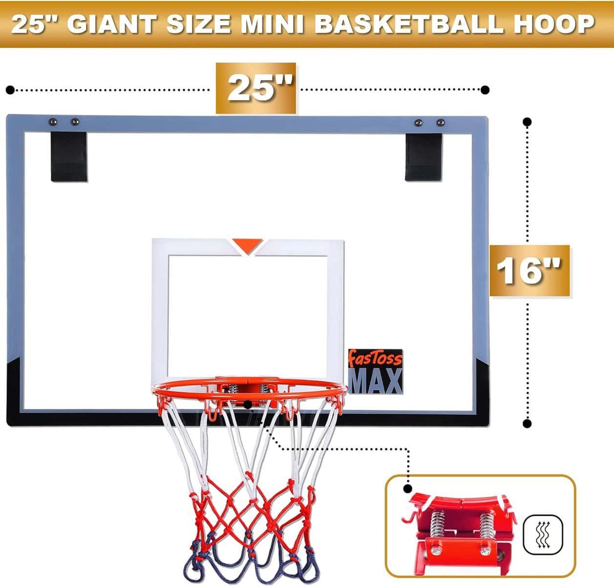 Large Indoor Mini Basketball Hoop for Wall Mount and Door 25 X 16 Inch Large Backboard for Office  Home Play, Basketball Gift for Teens and Adults with Complete Accessories