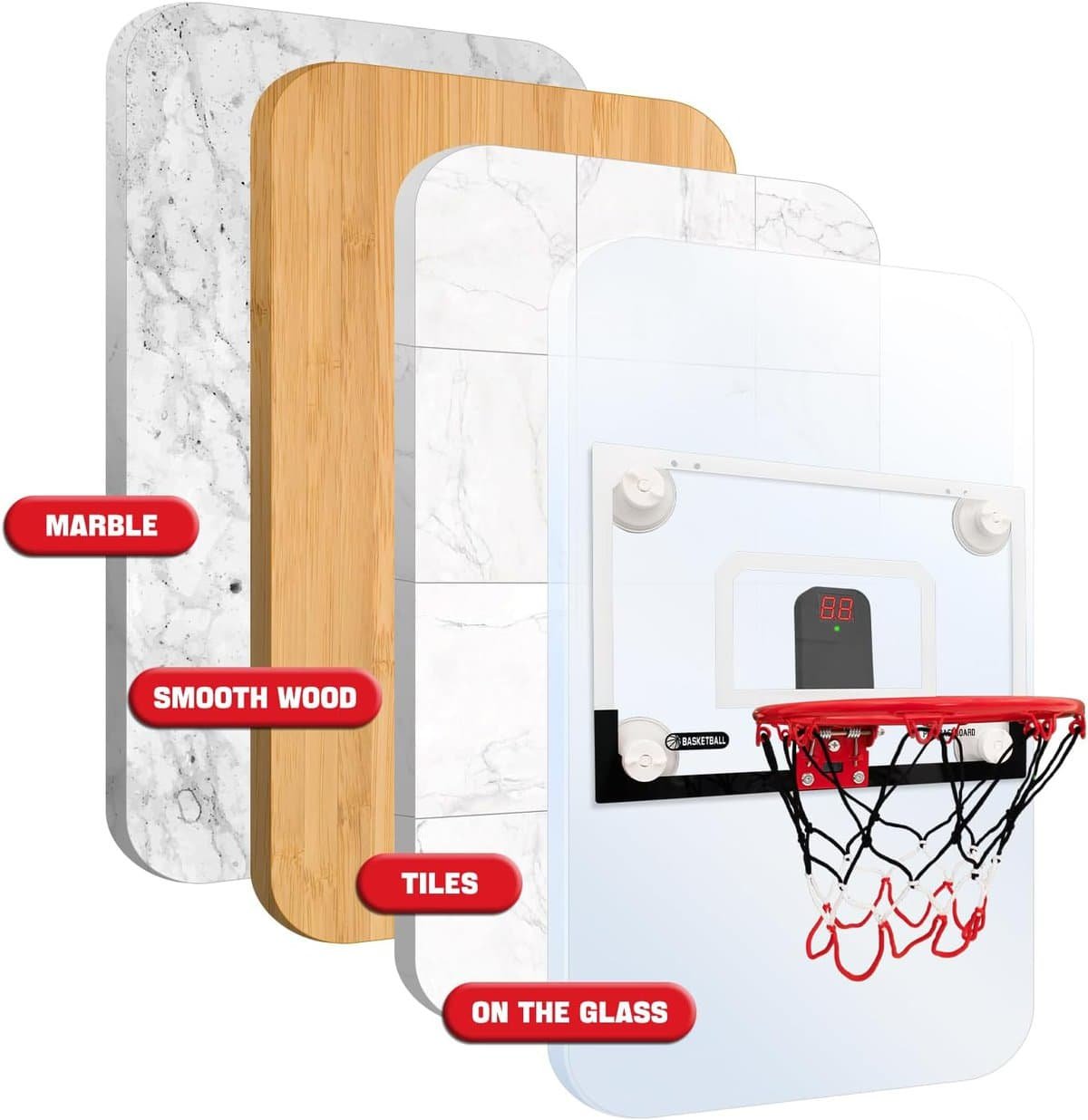 RUNBOW Indoor Mini Basketball Hoop Backboard Set of 2 with Strong Suction Cup for Kids Adults Over The Door Wall Mounted Basketball Goal Fits Glass, Tile, Smooth Wood (43x30CM, Without Scorer, 2 Pack)