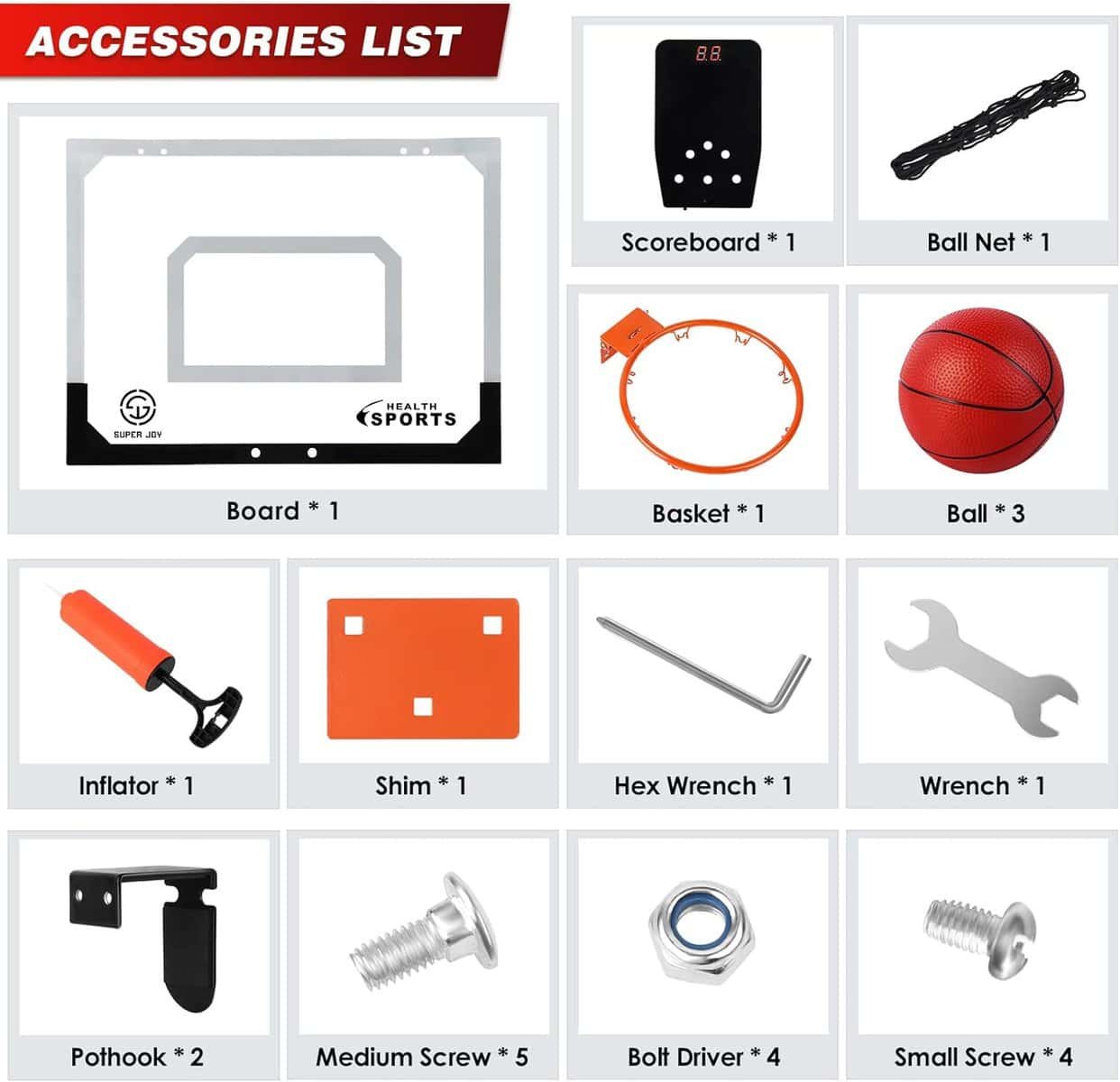 SUPER JOY Pro Room Basketball Hoop Over The Door - Wall Mounted Basketball Hoop Set with Complete Accessories - Indoor Basketball Hoop for Kids  Adults SUPER JOY Pro Room Basketball Hoop Over The Door - Wall Mounted Basketball Hoop Set with Complete Accessories - Indoor Basketball Hoop for Kids  Adults