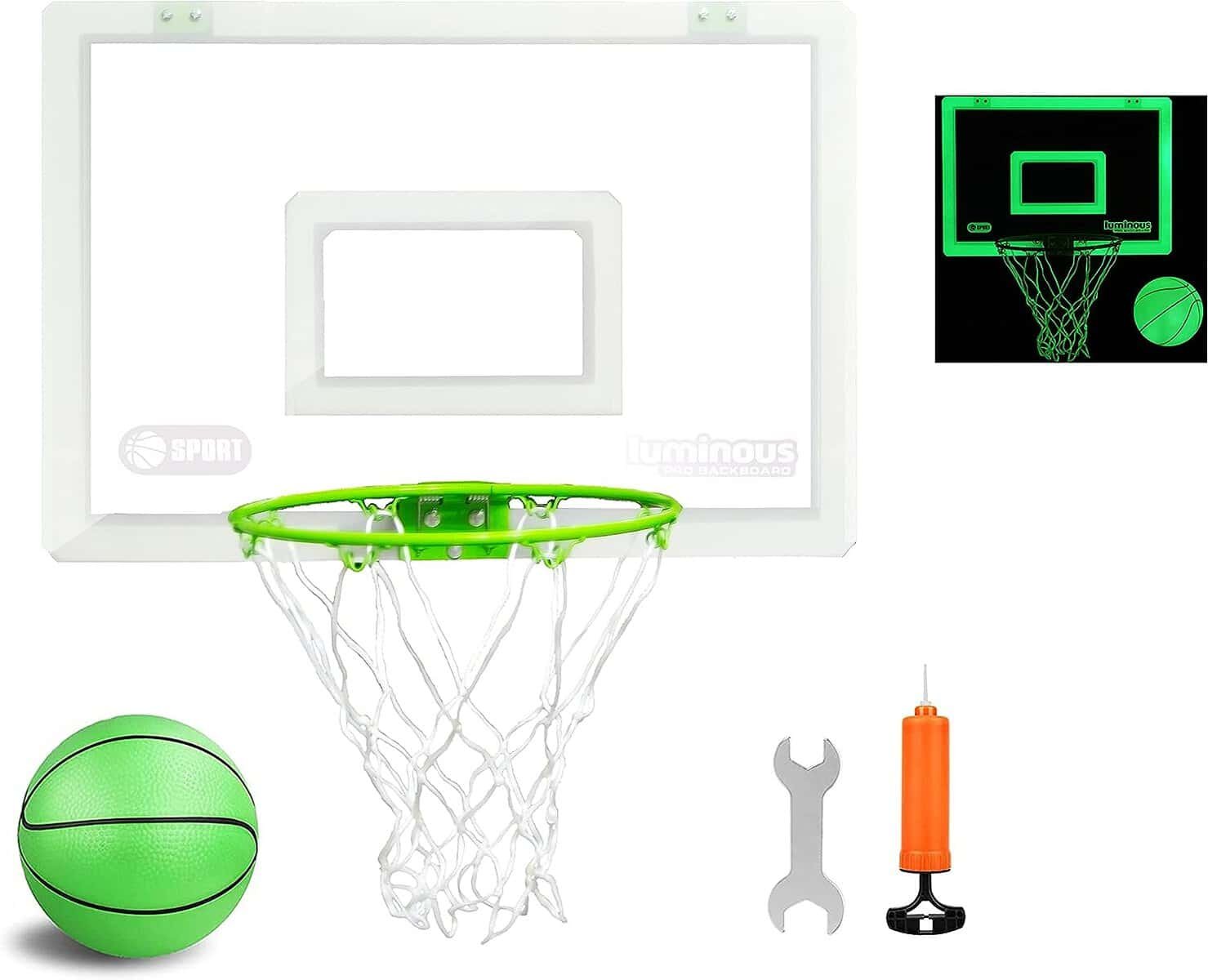 Extra Large Basketball Hoop for Youth with Luminous Basketball Net Indoor 23”X 16” Pre-Assembled Portable Over The Door with Flex Rim, Includes One Deflated Basketball with Pump, for Indoor