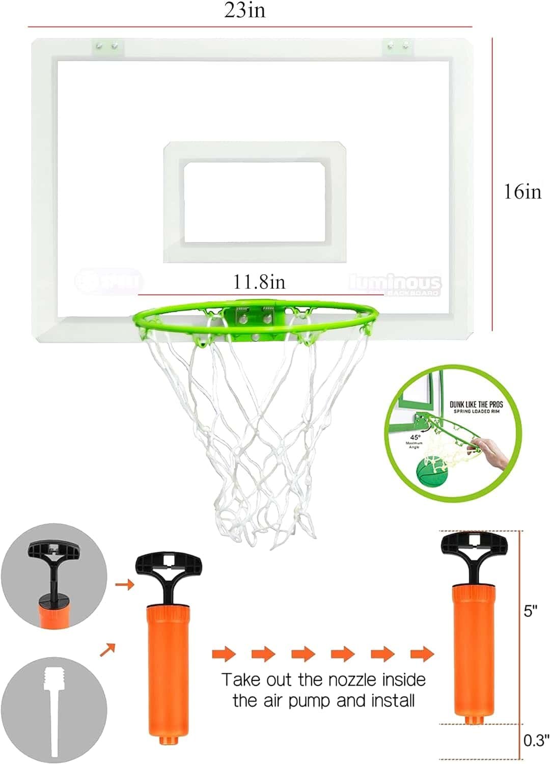 Extra Large Basketball Hoop for Youth with Luminous Basketball Net Indoor 23”X 16” Pre-Assembled Portable Over The Door with Flex Rim, Includes One Deflated Basketball with Pump, for Indoor