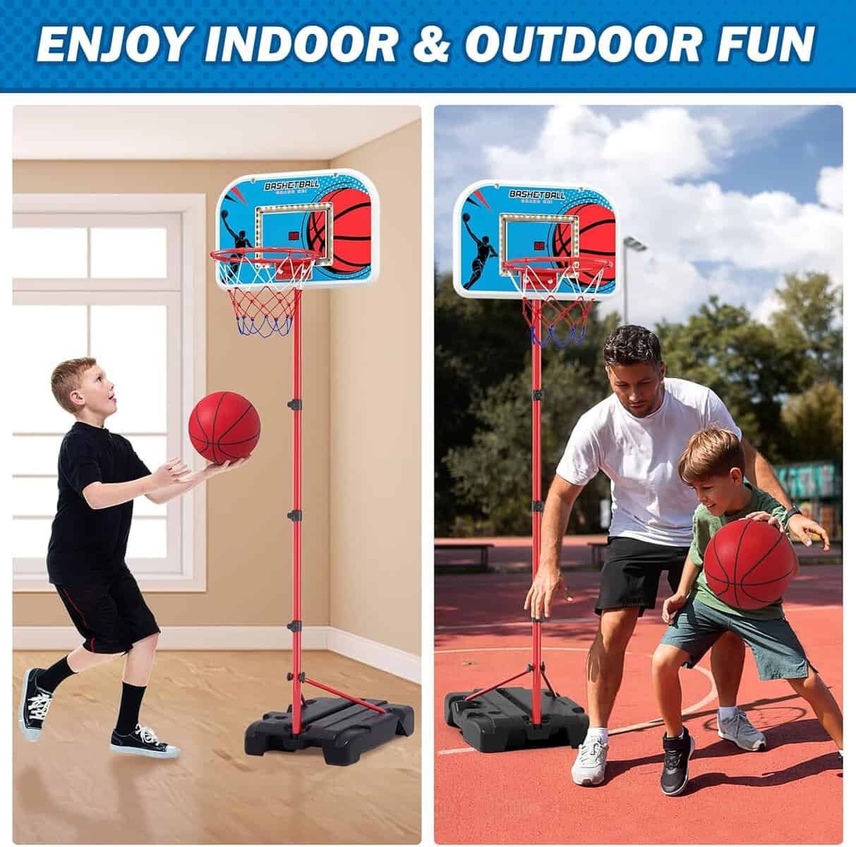 HYES Kids Basketball Hoop Indoor with Scoreboard  LED, Toddler Basketball Hoop Outdoor, with Package Design/Adjustable Height/4 Balls, Portable Basketball Goal Court Toys Gifts for Boys Girls