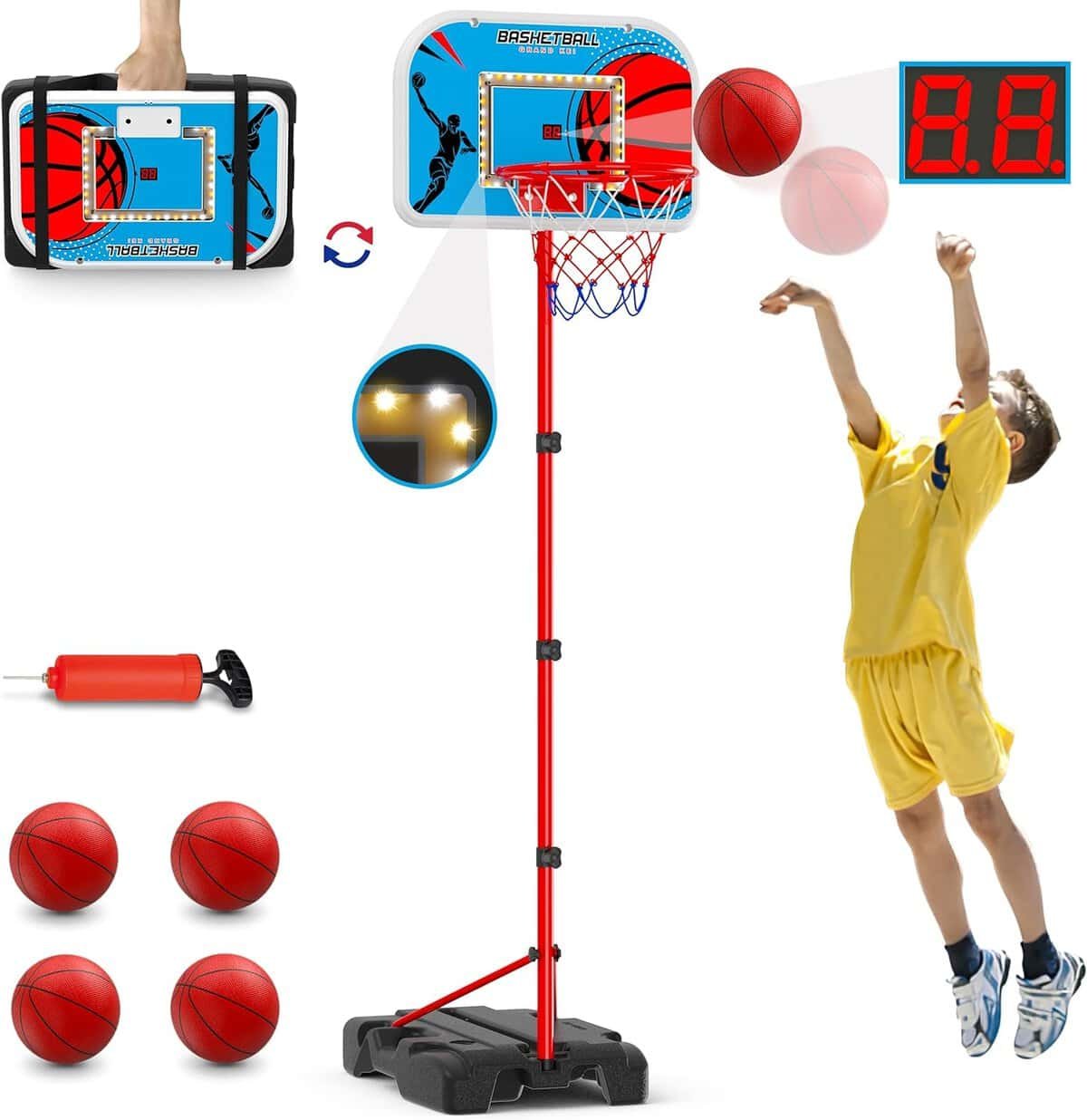 HYES Kids Basketball Hoop Indoor with Scoreboard  LED, Toddler Basketball Hoop Outdoor, with Package Design/Adjustable Height/4 Balls, Portable Basketball Goal Court Toys Gifts for Boys Girls