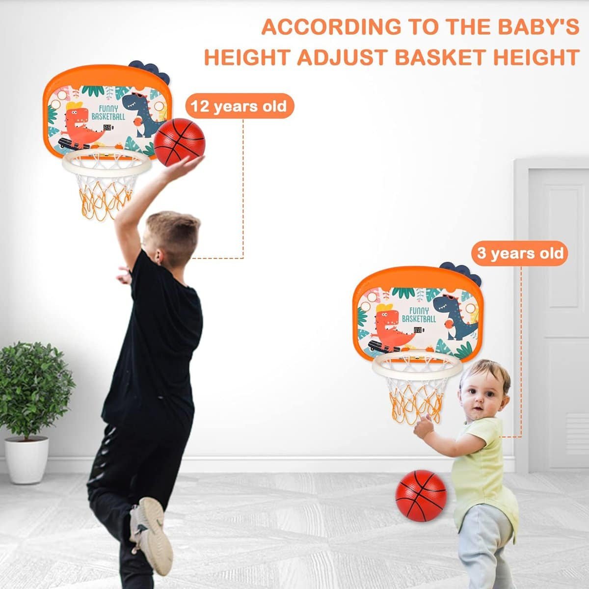 Indoor Mini Basketball Hoop Set for Kids, Portable Folding Basketball Hoop with Electronic Scoreboard for Door, Wall, Living Room  Complete Accessories, Dinosaur Ferrule Basketball Toy Gift for 3-12