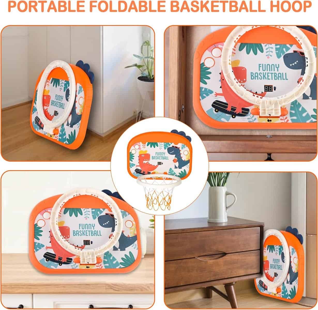 Indoor Mini Basketball Hoop Set for Kids, Portable Folding Basketball Hoop with Electronic Scoreboard for Door, Wall, Living Room  Complete Accessories, Dinosaur Ferrule Basketball Toy Gift for 3-12