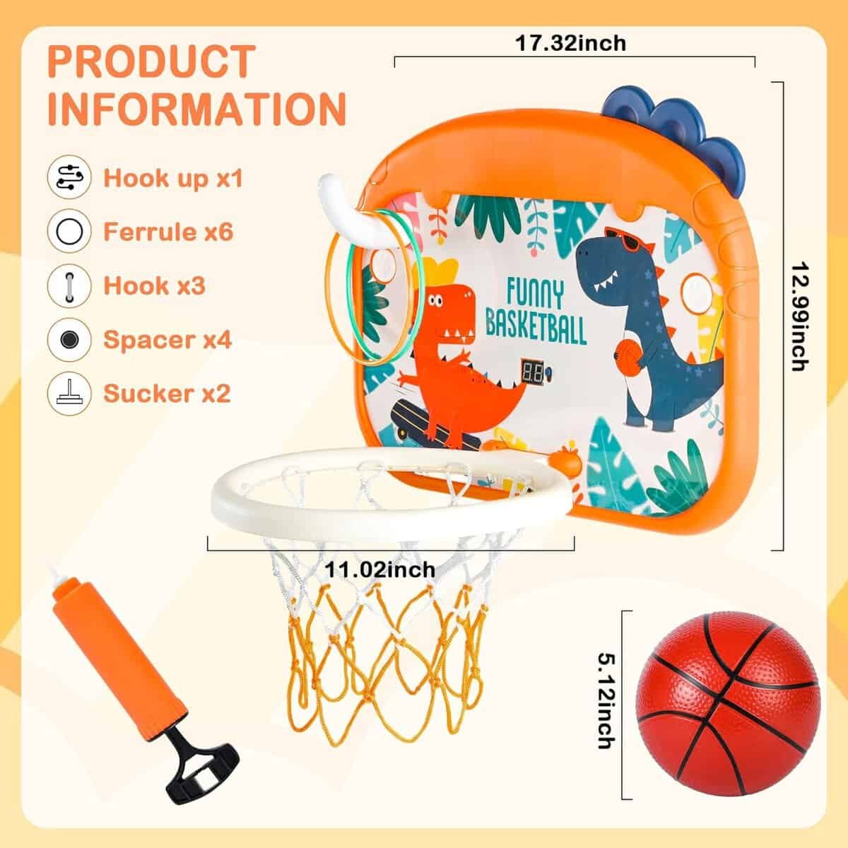 Indoor Mini Basketball Hoop Set for Kids, Portable Folding Basketball Hoop with Electronic Scoreboard for Door, Wall, Living Room  Complete Accessories, Dinosaur Ferrule Basketball Toy Gift for 3-12