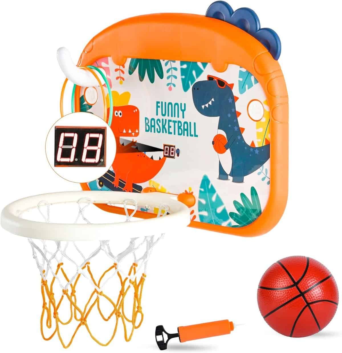 Indoor Mini Basketball Hoop Set for Kids, Portable Folding Basketball Hoop with Electronic Scoreboard for Door, Wall, Living Room  Complete Accessories, Dinosaur Ferrule Basketball Toy Gift for 3-12