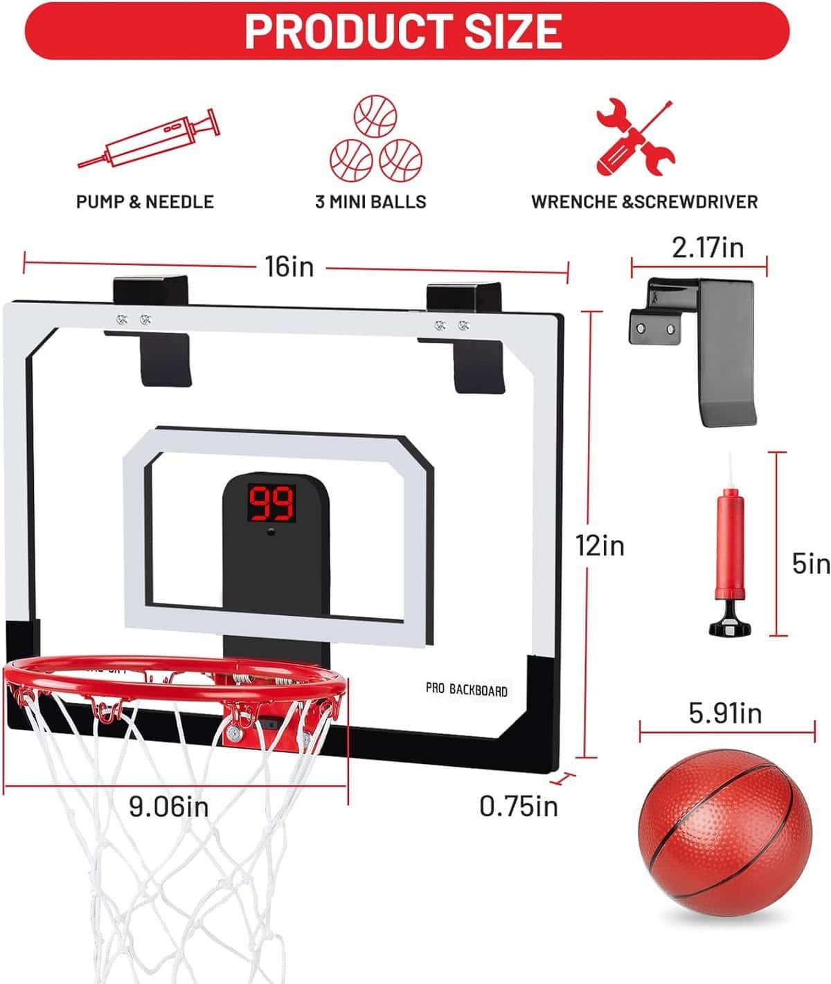 Mini Basketball Hoop for Kids Adults,16 x 12 Over The Door Basketball Hoop Indoor with 3 Balls,Basketball Hoop for Door