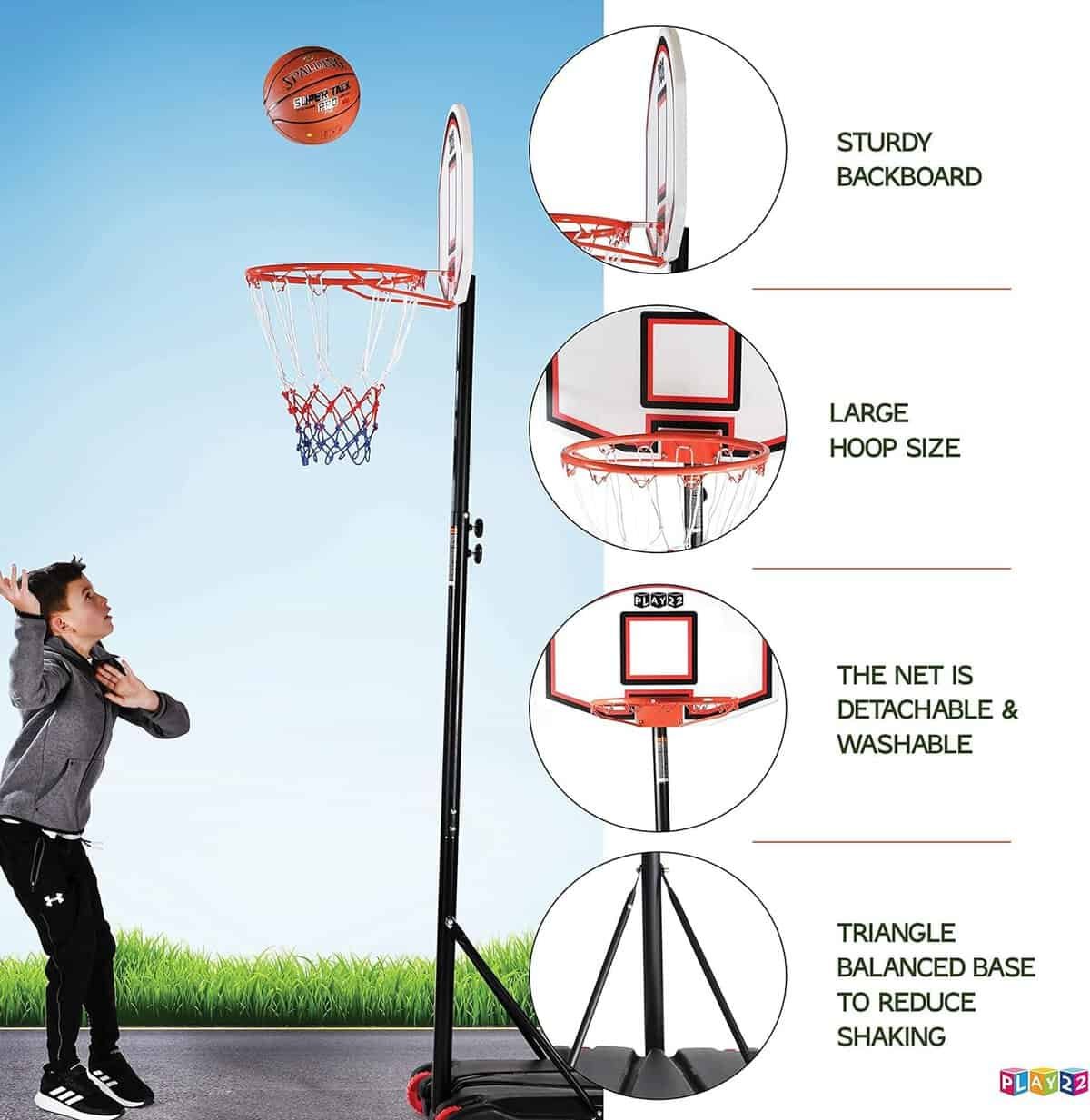 Play22 Kids Adjustable Basketball Hoop Height 5-7 FT - Portable Basketball Hoop for Kids Teenagers Youth and Adults with Stand Backboard Wheels Fillable Base - Basketball Goals Indoor Outdoor Play Play22 Kids Adjustable Basketball Hoop Height 5-7 FT - Portable Basketball Hoop for Kids Teenagers Youth and Adults with Stand Backboard Wheels Fillable Base - Basketball Goals Indoor Outdoor Play