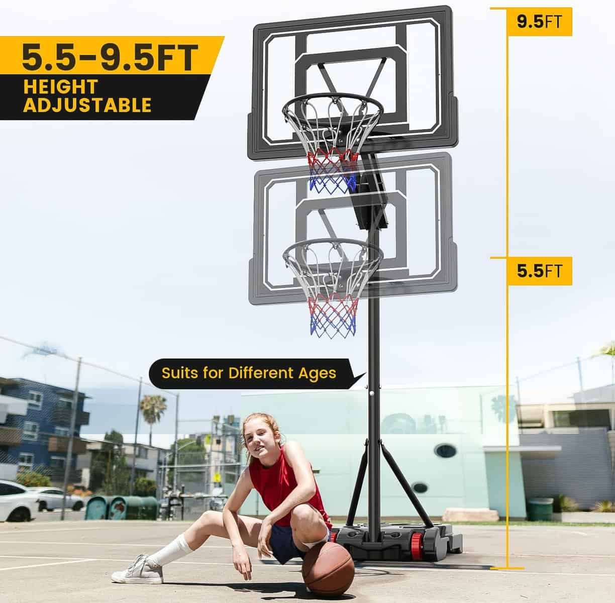 Portable Basketball Hoop Outdoor for Kids Youth - 5.5FT-9.5FT Easy Height Adjustable Stand System w/Shatterproof Backboard - Indoor Outside Basketball Goal Court with Free Weighted Bag