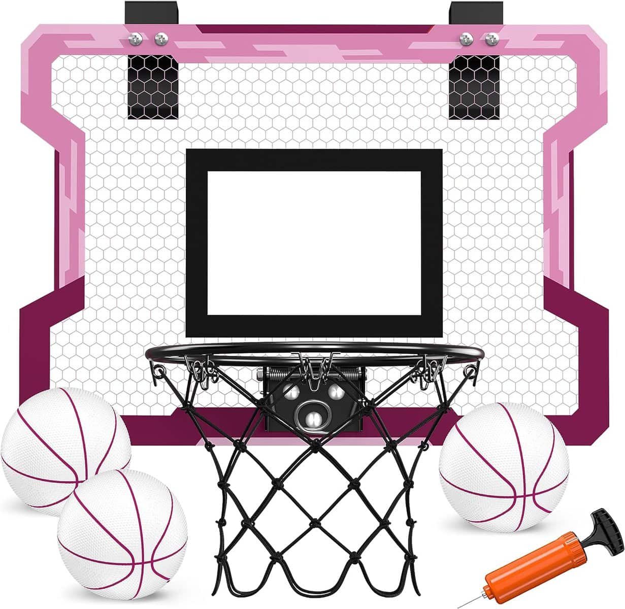 HYES Indoor Basketball Hoop for Kids, Over The Door Basketball Hoop, Mini Hoop with 3 Balls  Inflator, Basketball Toy Gifts for Kids Girls Teens Adults, Suit for Bedroom/Office/Outdoor/Pool, Pink HYES Indoor Basketball Hoop for Kids, Over The Door Basketball Hoop, Mini Hoop with 3 Balls  Inflator, Basketball Toy Gifts for Kids Girls Teens Adults, Suit for Bedroom/Office/Outdoor/Pool, Pink