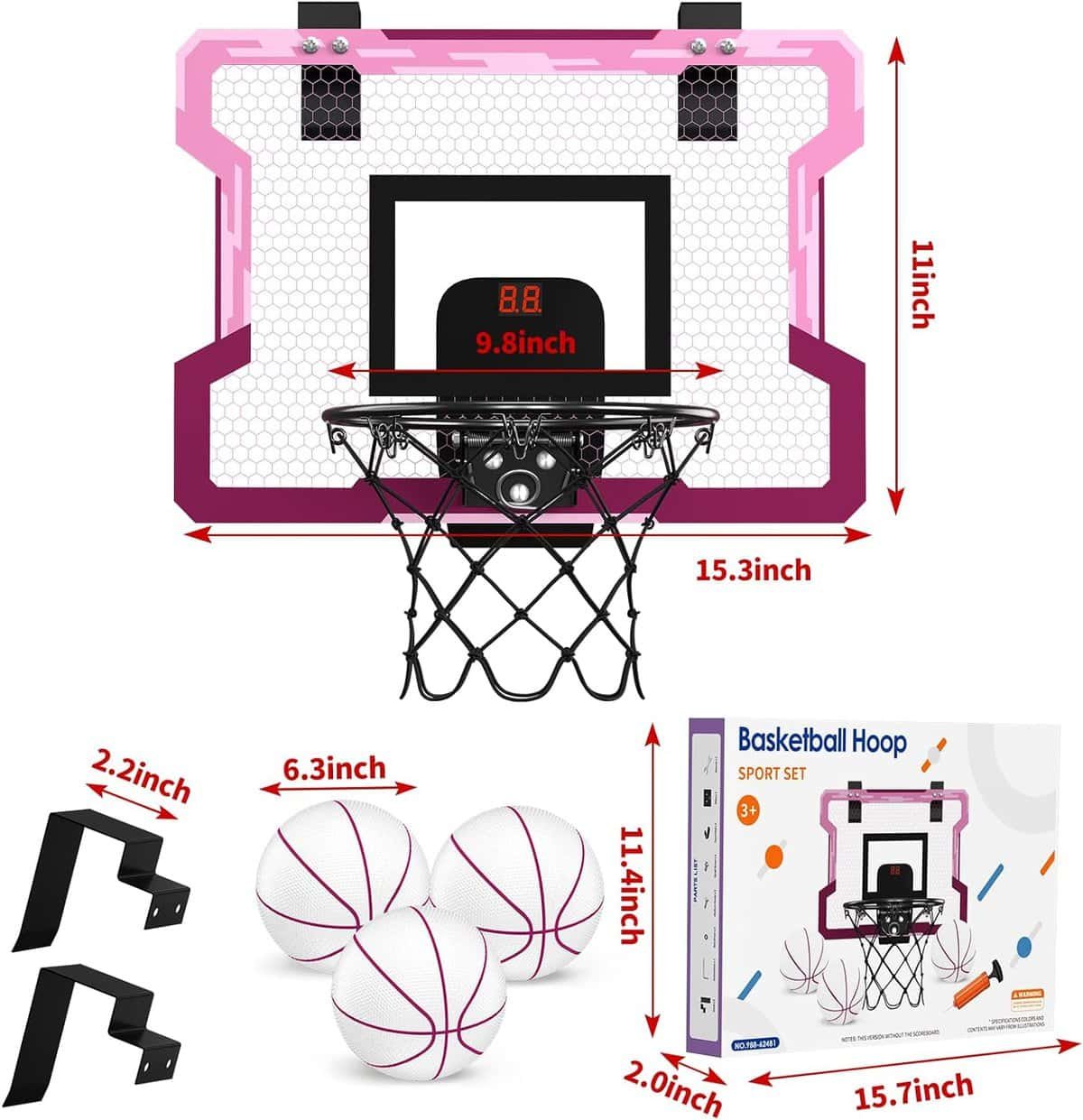 HYES Indoor Basketball Hoop for Kids, Over The Door Basketball Hoop, Mini Hoop with 3 Balls  Inflator, Basketball Toy Gifts for Kids Girls Teens Adults, Suit for Bedroom/Office/Outdoor/Pool, Pink HYES Indoor Basketball Hoop for Kids, Over The Door Basketball Hoop, Mini Hoop with 3 Balls  Inflator, Basketball Toy Gifts for Kids Girls Teens Adults, Suit for Bedroom/Office/Outdoor/Pool, Pink