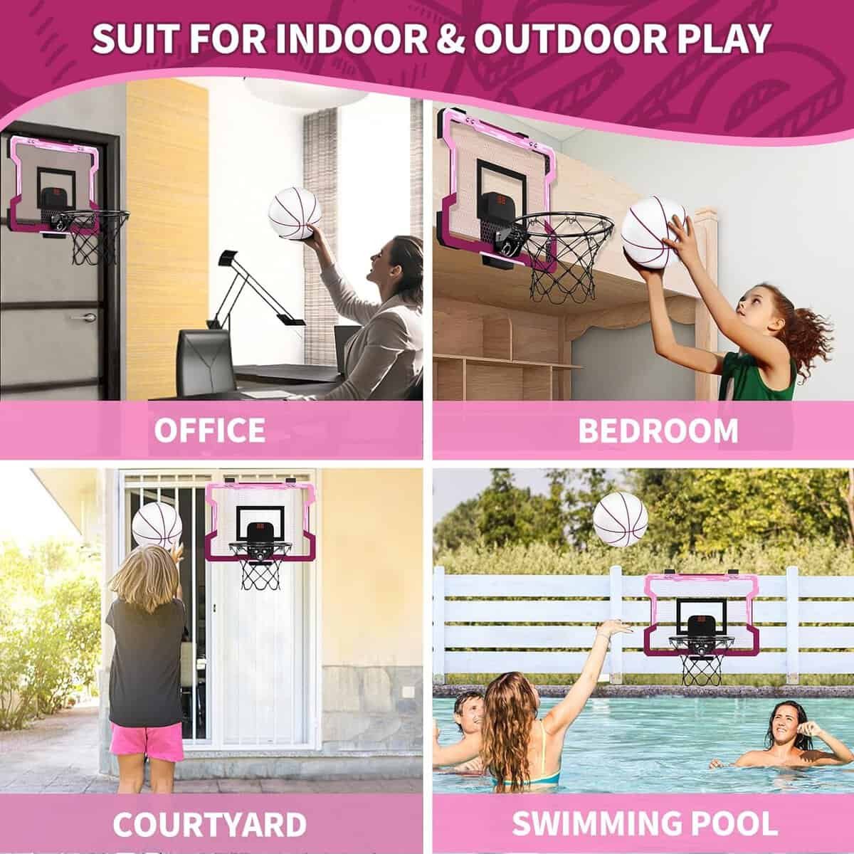 HYES Indoor Basketball Hoop for Kids, Over The Door Basketball Hoop, Mini Hoop with 3 Balls  Inflator, Basketball Toy Gifts for Kids Girls Teens Adults, Suit for Bedroom/Office/Outdoor/Pool, Pink HYES Indoor Basketball Hoop for Kids, Over The Door Basketball Hoop, Mini Hoop with 3 Balls  Inflator, Basketball Toy Gifts for Kids Girls Teens Adults, Suit for Bedroom/Office/Outdoor/Pool, Pink