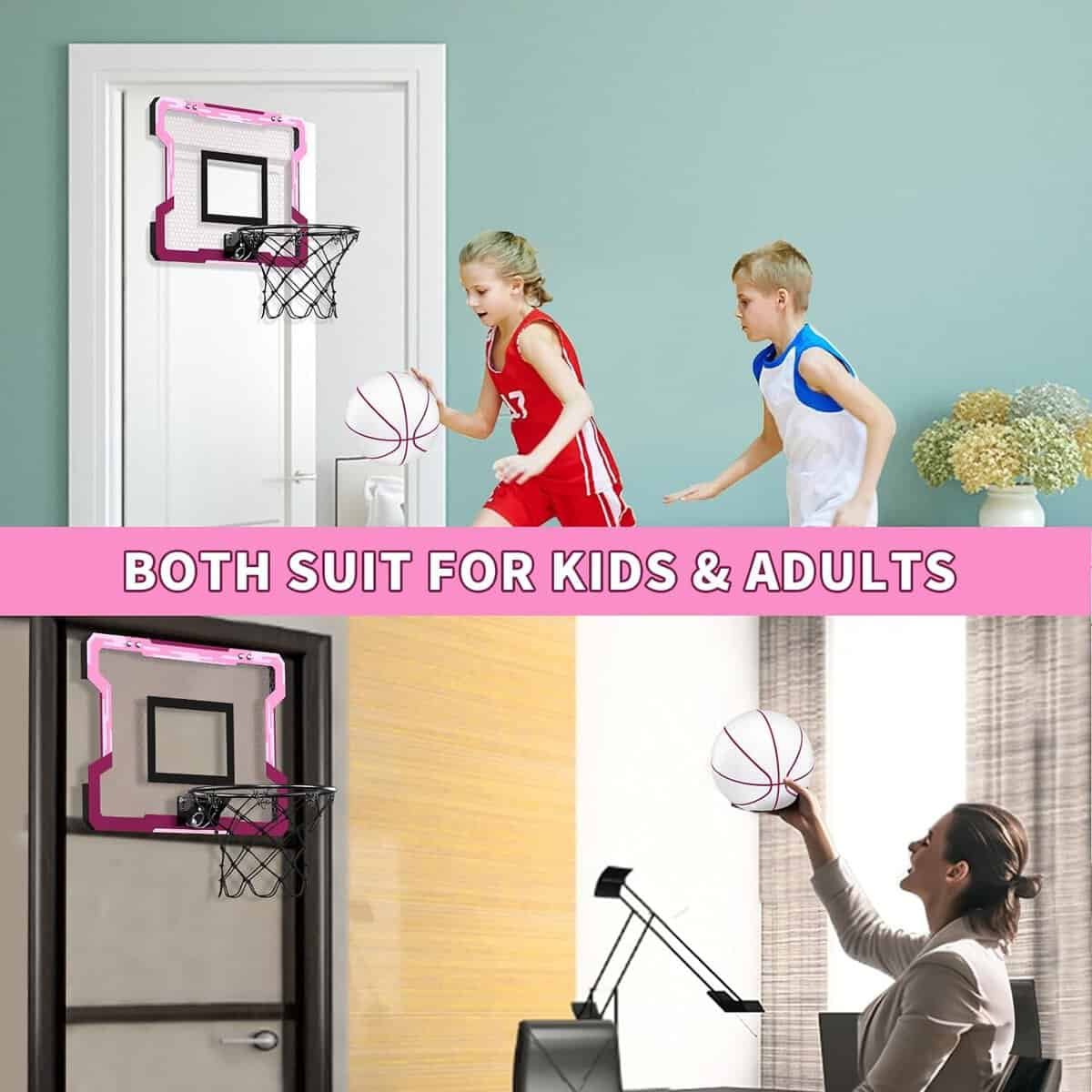 HYES Indoor Basketball Hoop for Kids, Over The Door Basketball Hoop, Mini Hoop with 3 Balls  Inflator, Basketball Toy Gifts for Kids Girls Teens Adults, Suit for Bedroom/Office/Outdoor/Pool, Pink HYES Indoor Basketball Hoop for Kids, Over The Door Basketball Hoop, Mini Hoop with 3 Balls  Inflator, Basketball Toy Gifts for Kids Girls Teens Adults, Suit for Bedroom/Office/Outdoor/Pool, Pink
