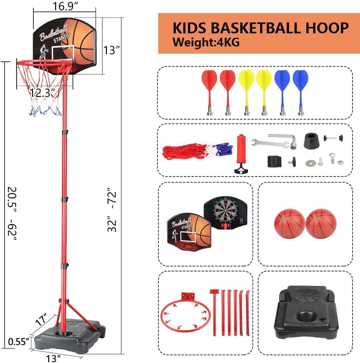 MXF Kids Basketball Hoop Stand with Dart Board, Height Adjustable 2.6ft-6.2ft, Portable Mini Basketball Hoop Set with Balls Darts, 2 in 1 Indoor Outdoor Toys for Kids Toddlers Ages 4-8 MXF Kids Basketball Hoop Stand with Dart Board, Height Adjustable 2.6ft-6.2ft, Portable Mini Basketball Hoop Set with Balls Darts, 2 in 1 Indoor Outdoor Toys for Kids Toddlers Ages 4-8