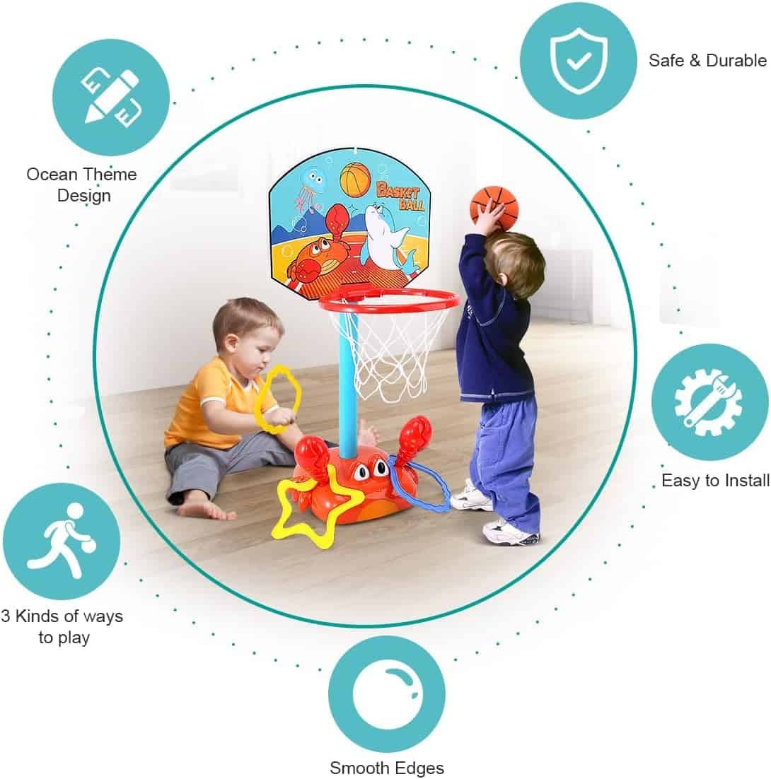 Toddler Basketball Hoop, 2 in 1 Sports Toy Set for Kids, Ring Toss Game with Music Sound, Baby Basketball Hoop for Indoor Play