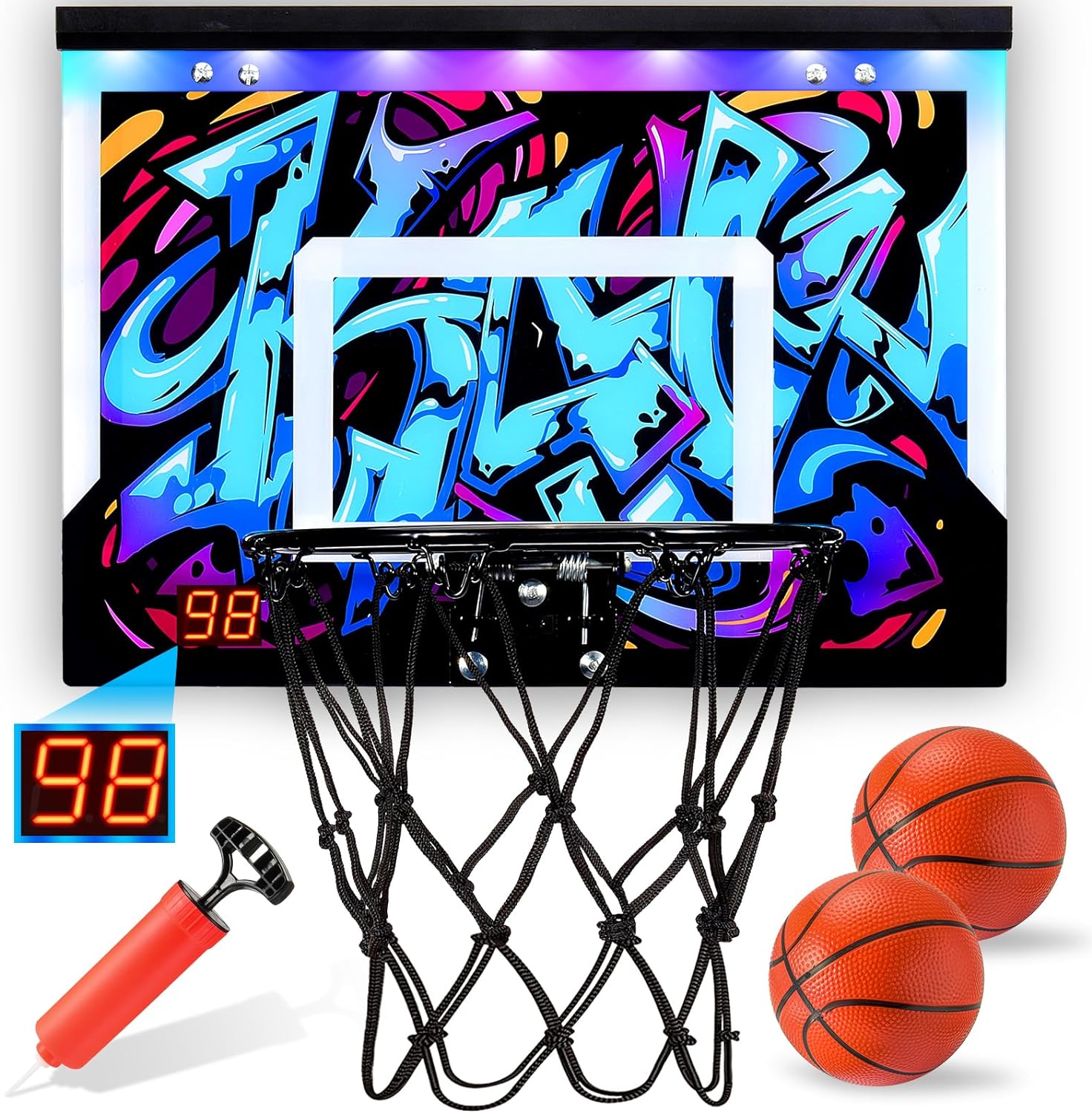 DASTION-99 Mini Basketball Hoop Indoor for Kids LED Basketball Hoop Toys for 3 4 5 6 7-12 Year Old Boys Teens Easter Birthday Valentine Gifts for Boys Age 3-12 with 2 Balls Cool Light