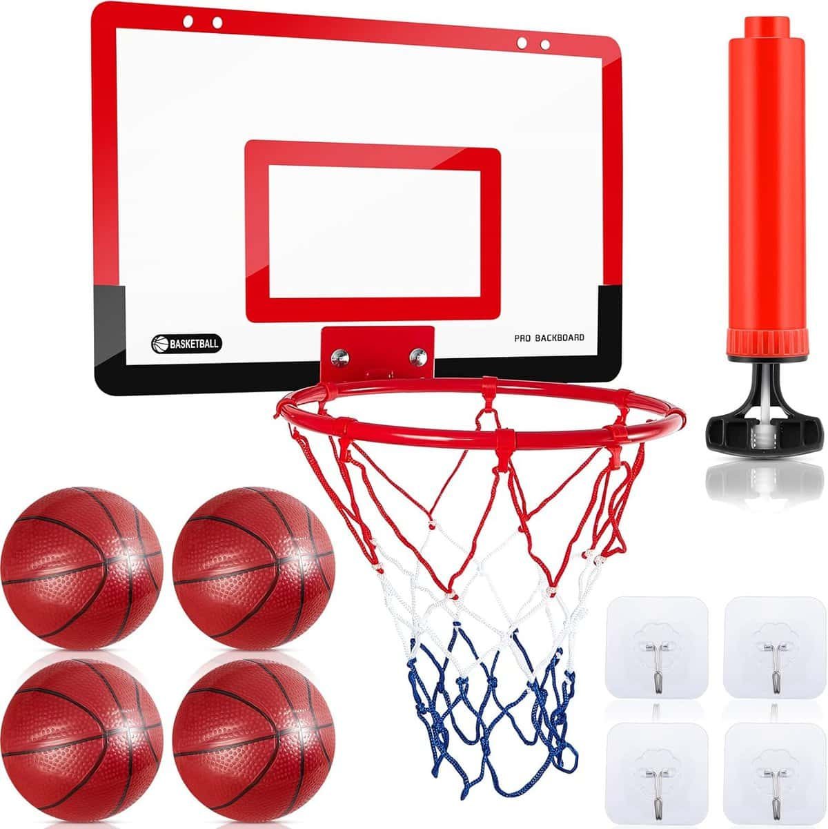 DEEKIN Indoor Mini Basketball Hoop Set with 4 Balls and Other Basketball Accessories Over The Door Room Basketball Hoop for Teens and Adults Christmas Birthday Gifts Door and Wall Room Game