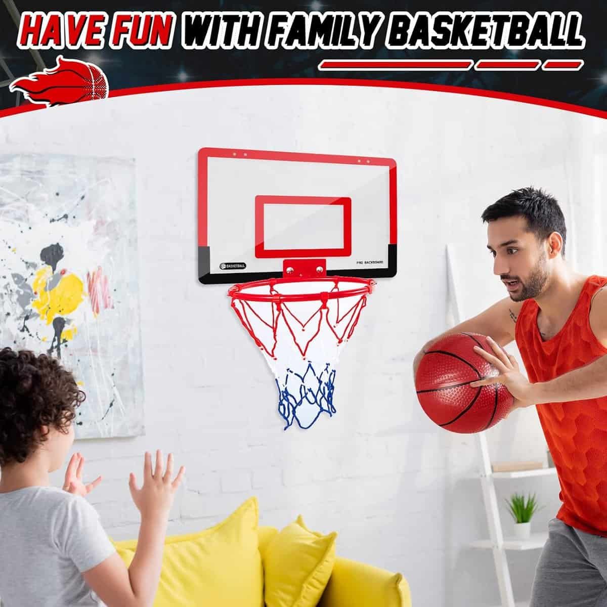 DEEKIN Indoor Mini Basketball Hoop Set with 4 Balls and Other Basketball Accessories Over The Door Room Basketball Hoop for Teens and Adults Christmas Birthday Gifts Door and Wall Room Game