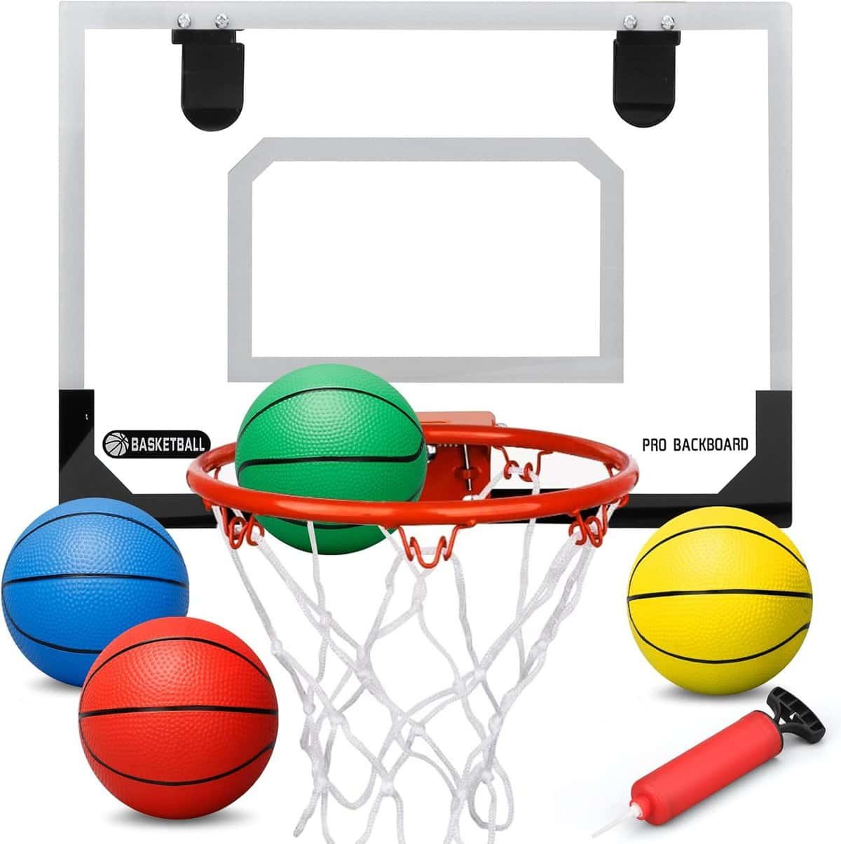 Indoor Basketball Hoop Set for Kids Adults, Mini Over The Door Hoop Set with 4 Mini 6 Balls for Wall Home Office, Upgarde Wall Mount Basketball Goal Sport Game for Boys Age 3-12 Years