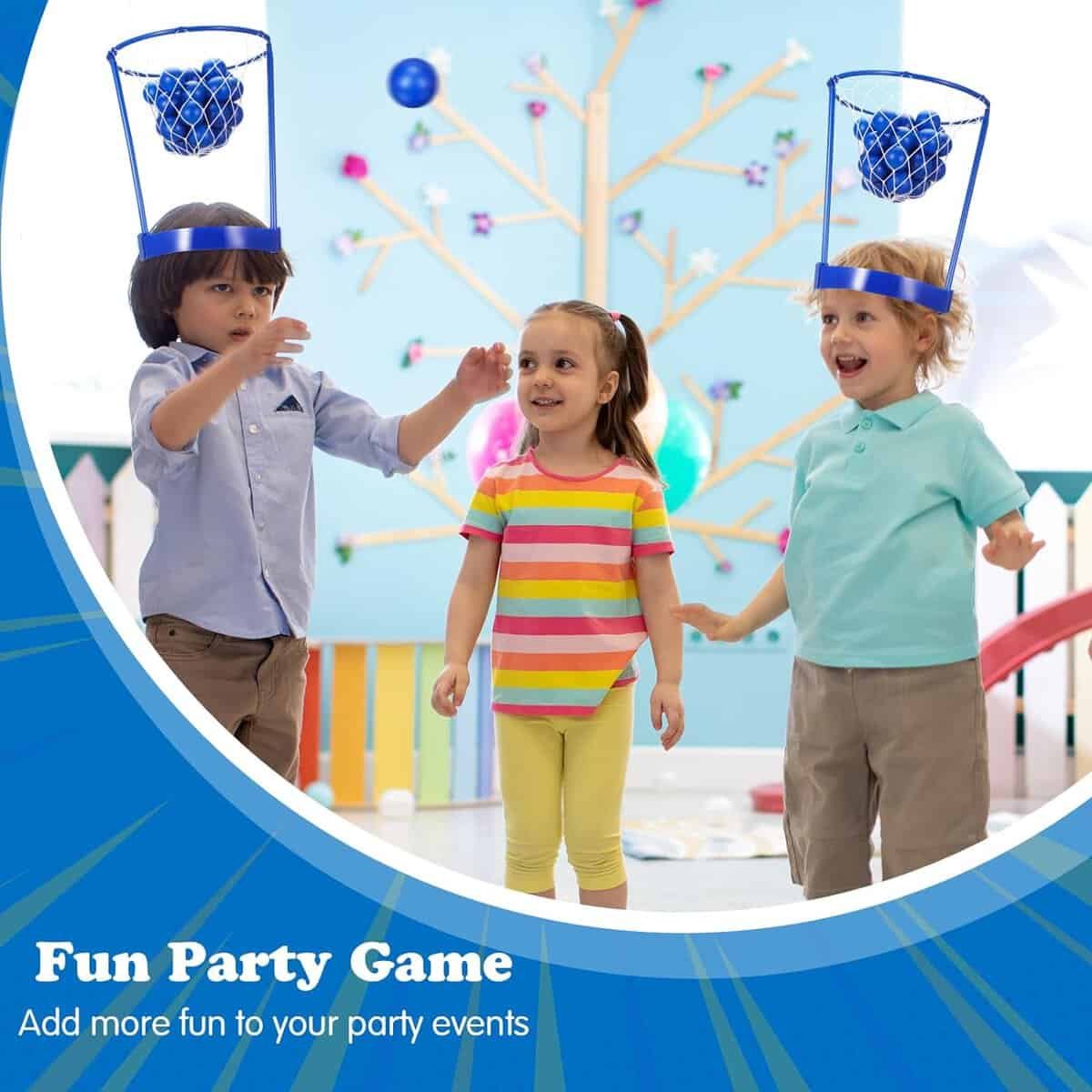 6 Pack Basketball Party Game for Kids and Adults, Plastic Head Hoop Adjustable Basketball Hoop Indoor Basketball Basket Headbands with 40 Balls for Indoor Outdoor Party Games (Blue)