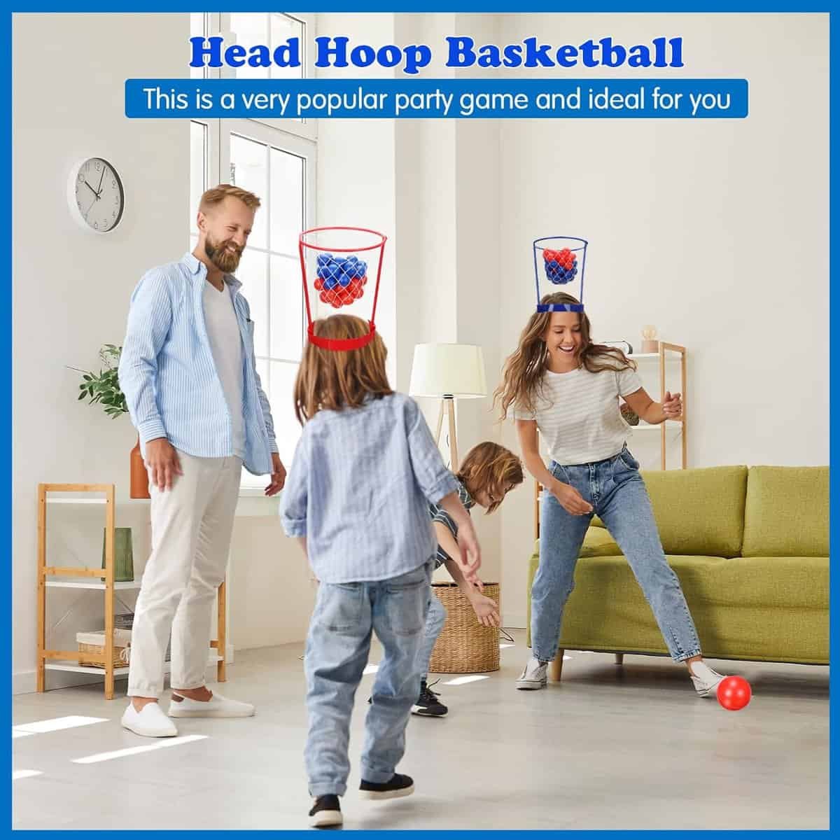 6 Pack Basketball Party Game for Kids and Adults, Plastic Head Hoop Adjustable Basketball Hoop Indoor Basketball Basket Headbands with 40 Balls for Indoor Outdoor Party Games (Blue)
