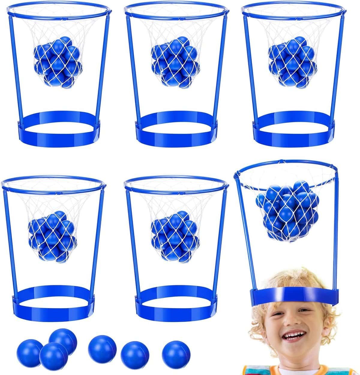 6 Pack Basketball Party Game for Kids and Adults, Plastic Head Hoop Adjustable Basketball Hoop Indoor Basketball Basket Headbands with 40 Balls for Indoor Outdoor Party Games (Blue)