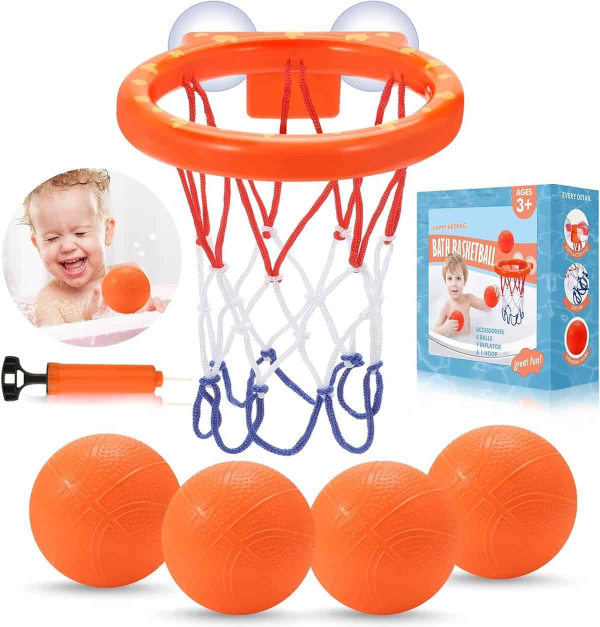 Bath Toys,Mold Free Bath Basketball Hoop for Kids Ages 1-3,No Mold Bathtub Basketball Hoop for Toddlers,Strong Suction Cup Basketball Hoop  4 Soft Balls Set for Boys Girls,Tub Toys for Kids 4-8