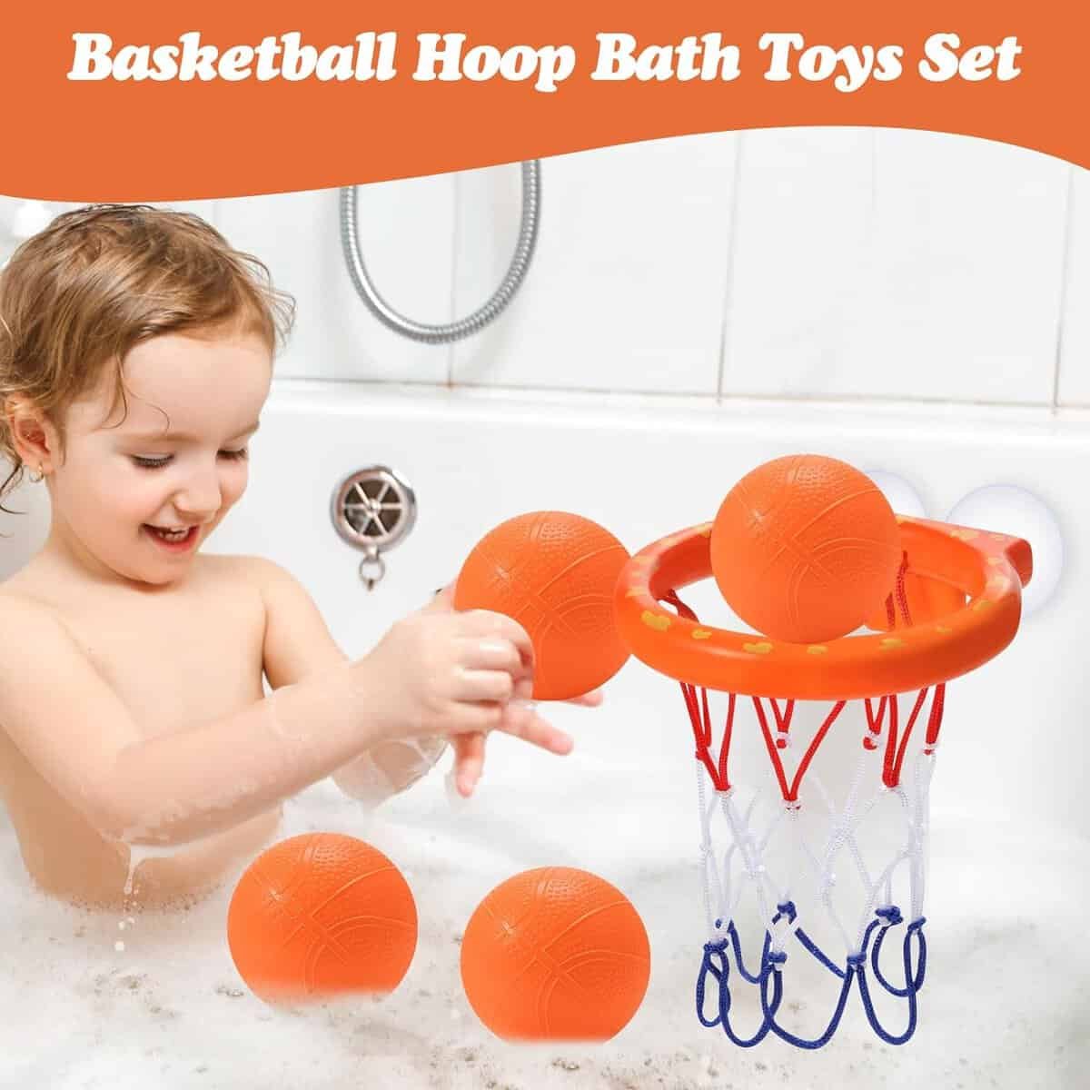 Bath Toys,Mold Free Bath Basketball Hoop for Kids Ages 1-3,No Mold Bathtub Basketball Hoop for Toddlers,Strong Suction Cup Basketball Hoop  4 Soft Balls Set for Boys Girls,Tub Toys for Kids 4-8