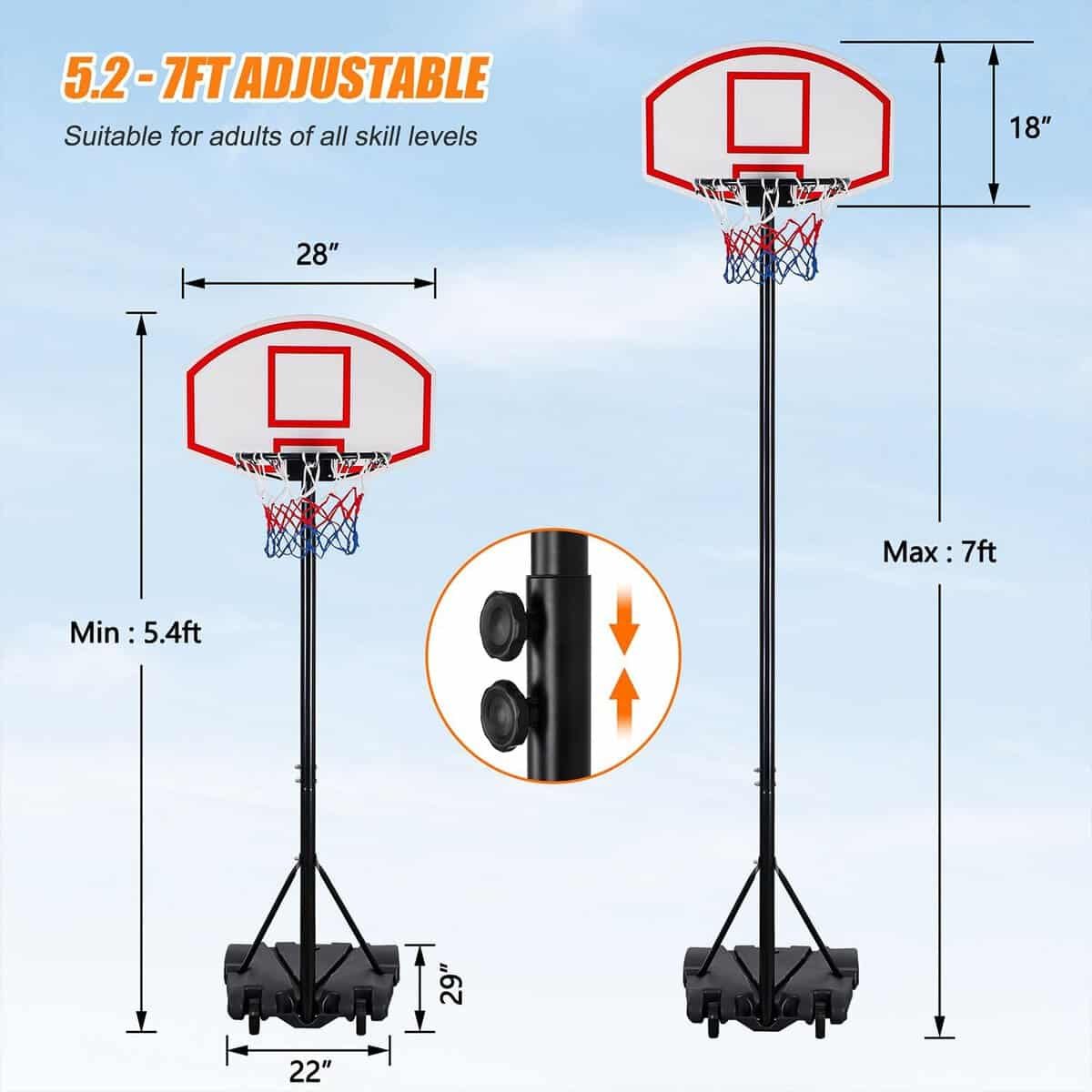 Portable Basketball Hoop Outdoor, 5.2-7Ft Height Adjustable Basketball Hoop Goal System with 28 Inch Backboard and Portable Wheels for Kids Adults