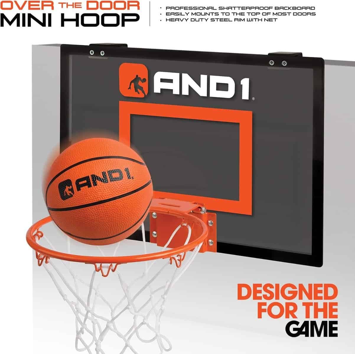 AND1 Over The Door Mini Hoop: - 18”x12” Easy to Install Portable Basketball Hoop with Steel Rim, Includes 5” Mini Basketball, Indoor Game Set for Children and Adults