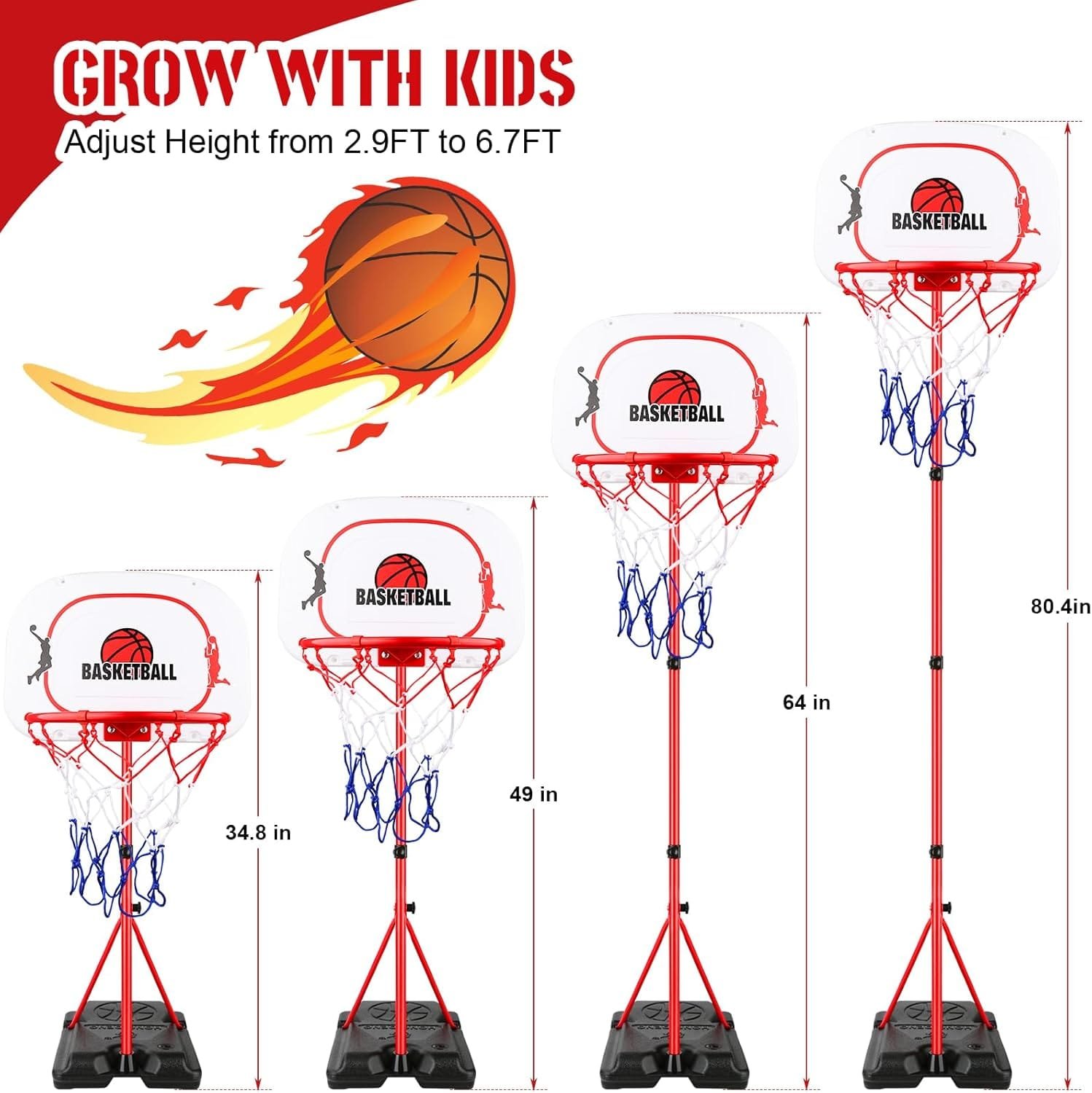 Ultimate Fun and Skill Development with Basketball Hoop for Kids，Adjustable Basketball Set Height 2.9ft-6.7ft，Perfect Backyard Toy for Ages 5-12，Indoor and Outdoor Use，A Gift for The Kids.